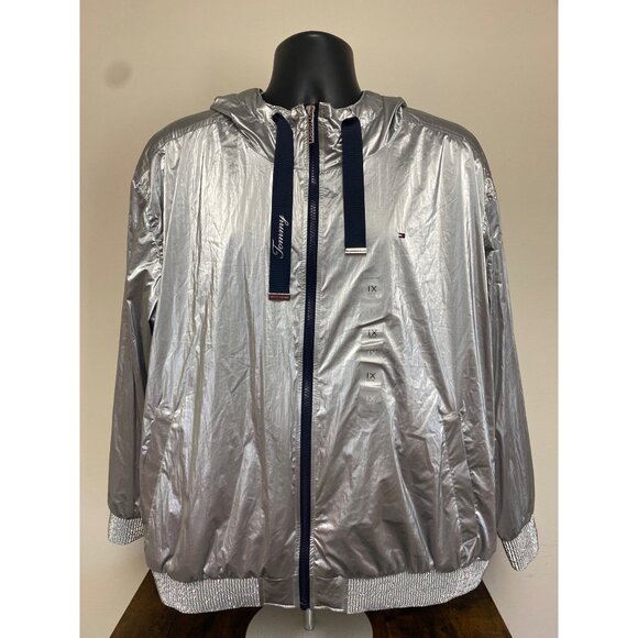 Tommy Hilfiger Women's Silver Zipper Hooded Metallic Windbreaker Plus Size 1X NW - Picture 1 of 5